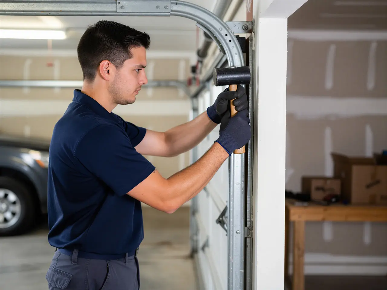A technician in a blue shirt and gloves uses a mallet on a garage door track.